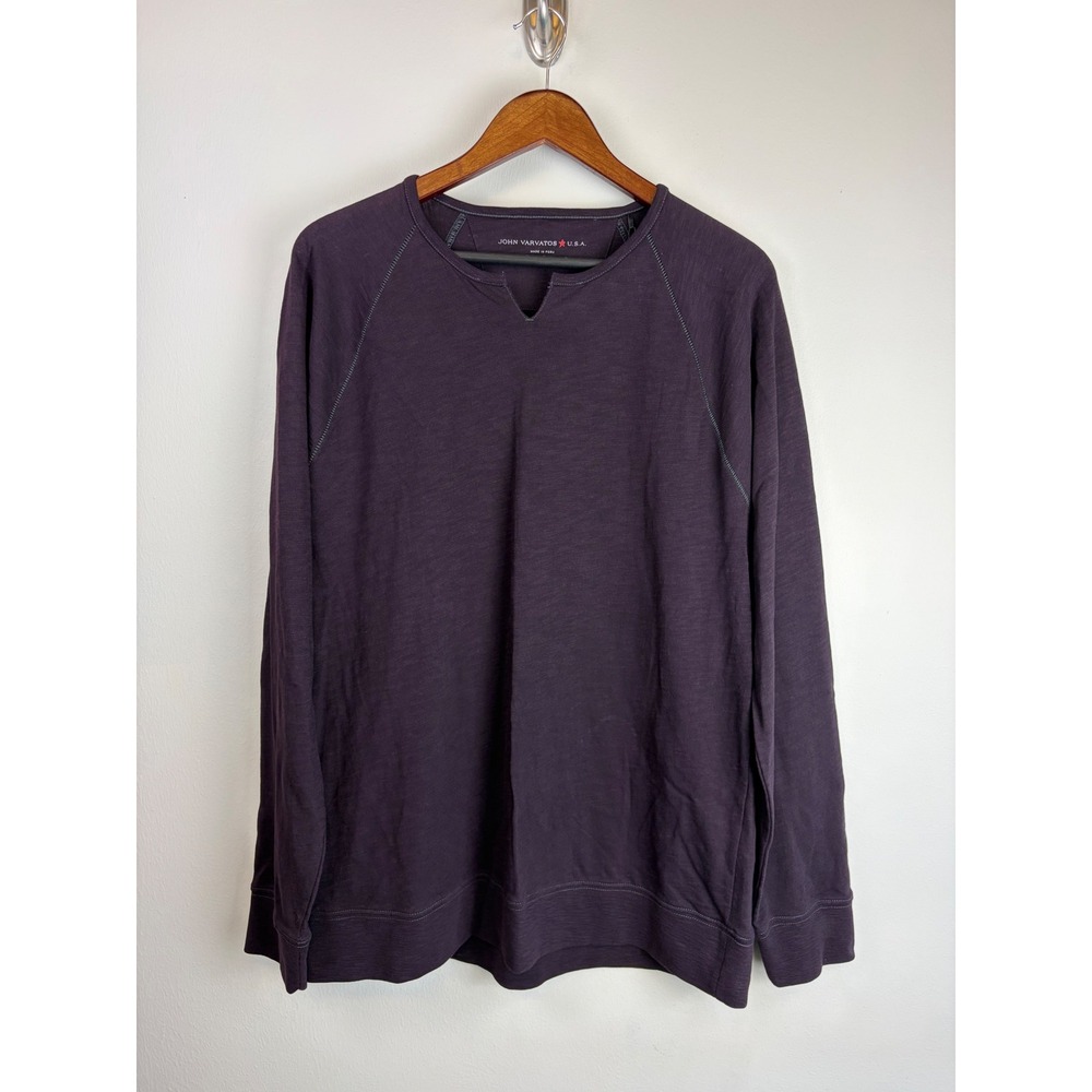 NEW John Varvatos Long Sleeve Raglan Sweatshirt L Purple Slub Split Neck Top